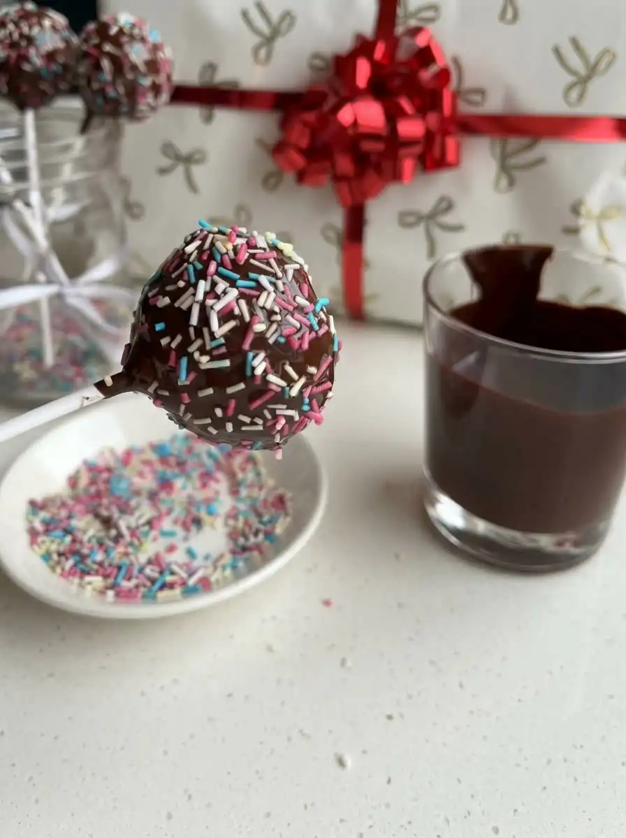 A rustic display of decorated brownie cake pops standing upright in a wooden block on a party dessert table