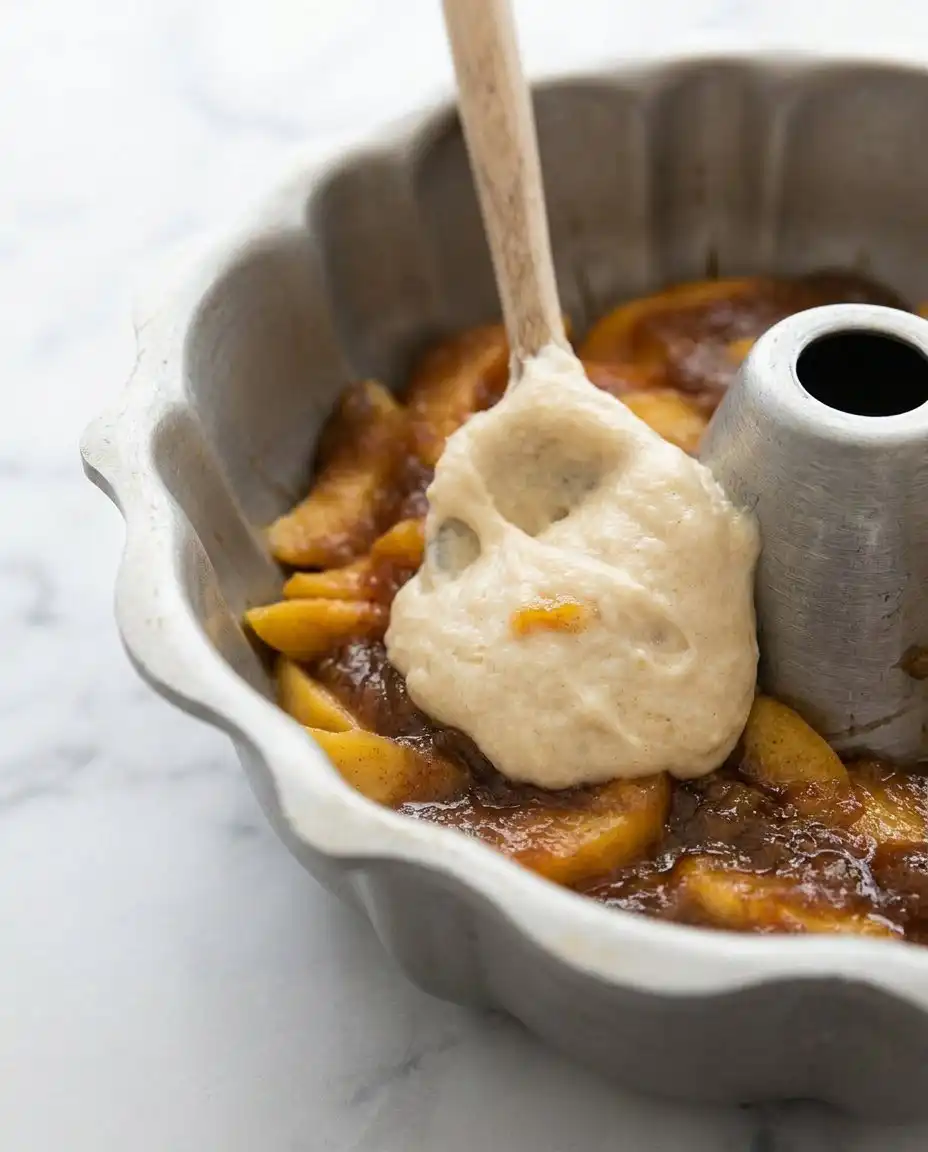 A close up view of a sliced buttery peach cobbler pound cake showing the tight crumb.