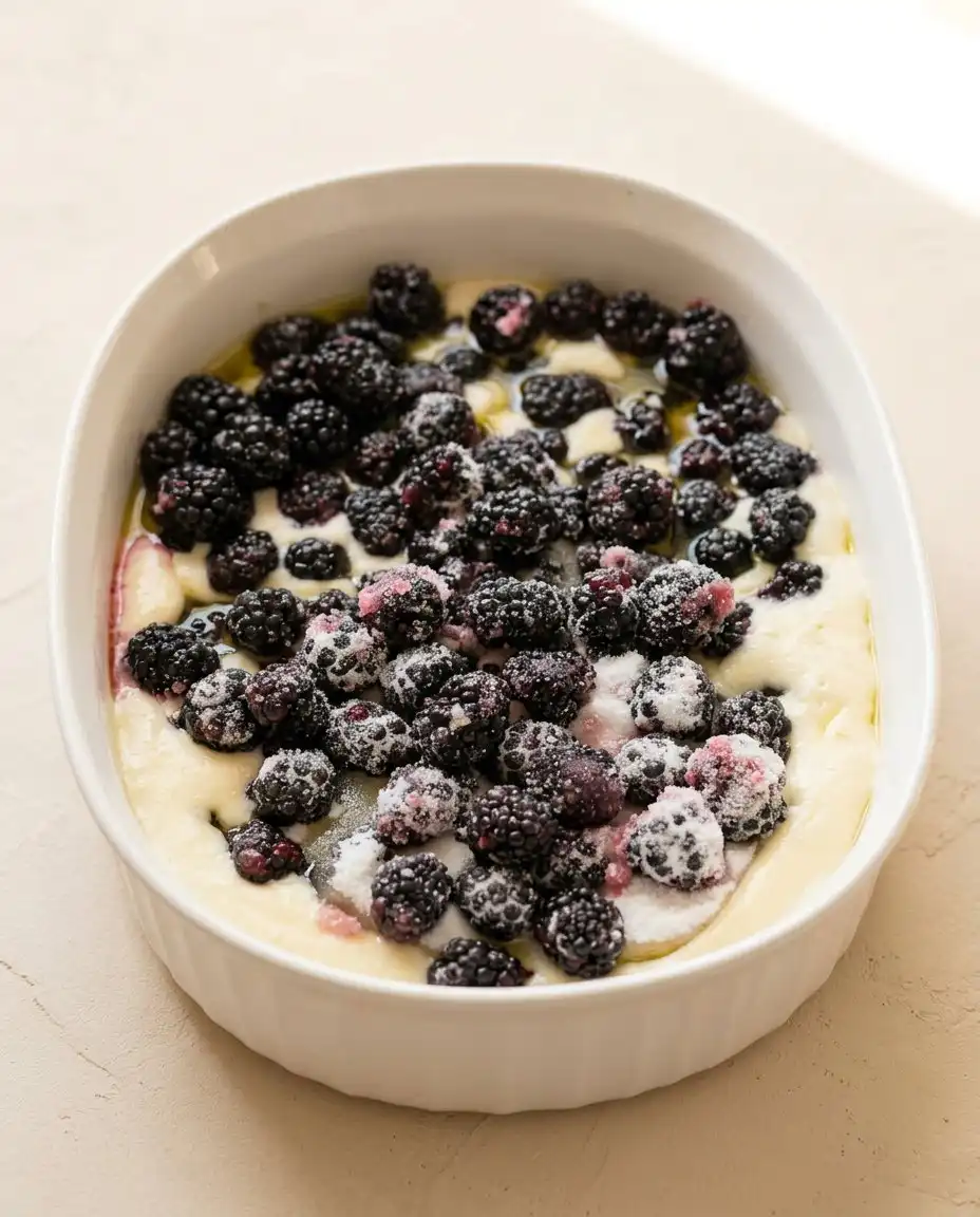 A close-up view of the crisp crust texture on a freshly baked blackberry cobbler dump cake.