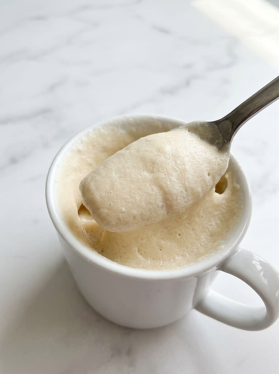 1-Minute Vanilla Mug Cake 15 A hand testing a warm 1-Minute Vanilla Mug Cake with a wooden toothpick to check the crumb.