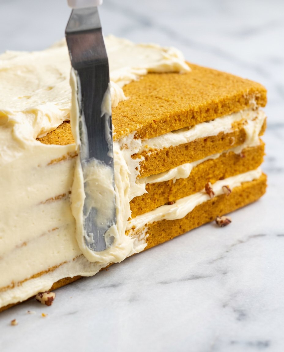 Classic Pumpkin Layer Cake 15 Chopping sweet pecan toffee brittle to fold into the Classic Pumpkin Layer Cake.