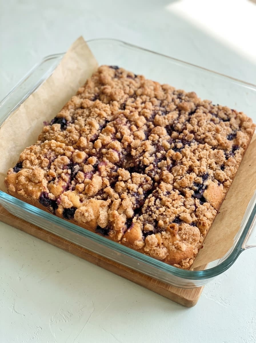 A single slice of classic blueberry coffee crumb cake plated on a ceramic dish with a cup of coffee.