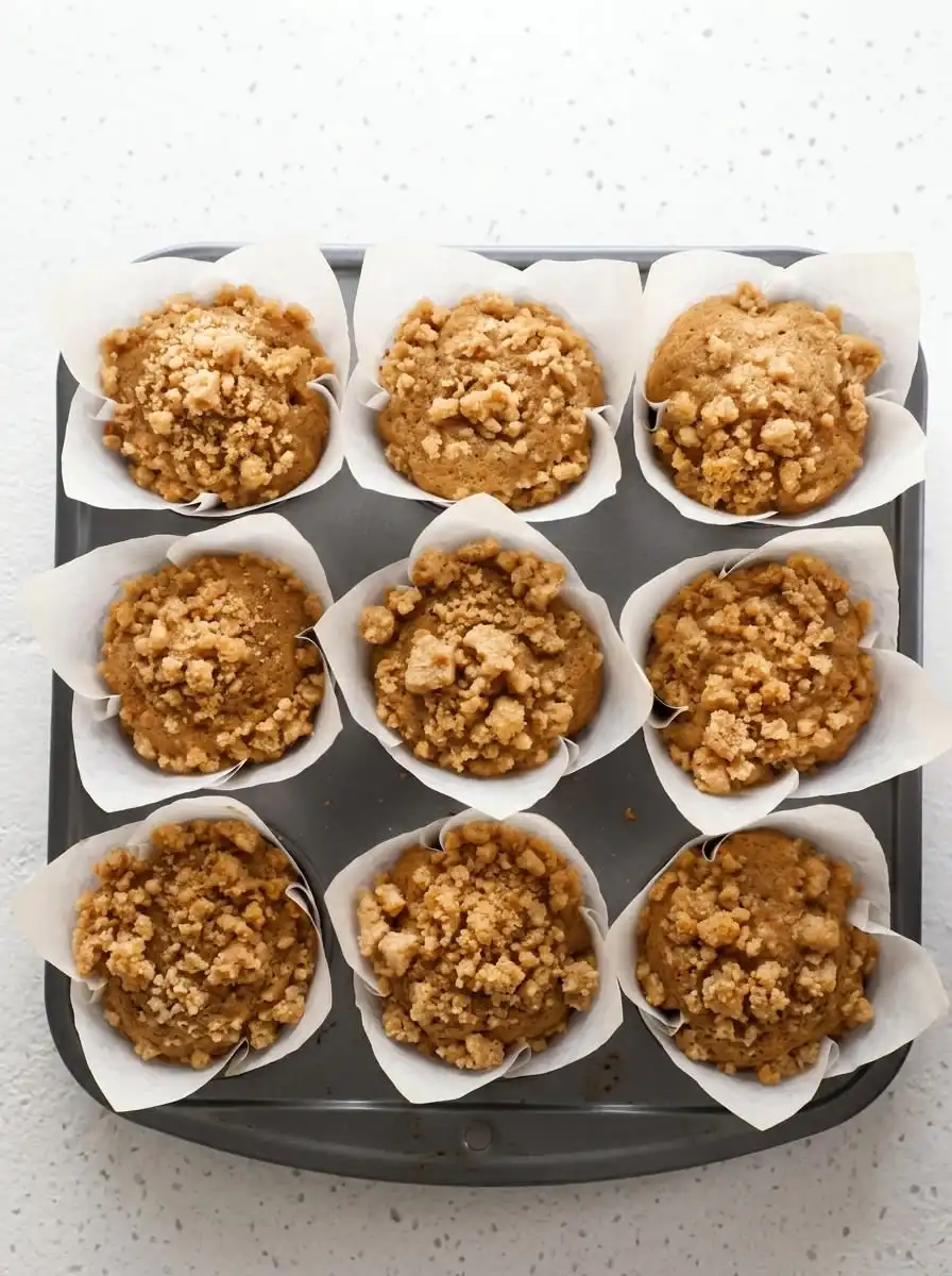 Classic Coffee Cake Muffins 16 A rustic white plate with Classic Coffee Cake Muffins next to a mug of hot black coffee.