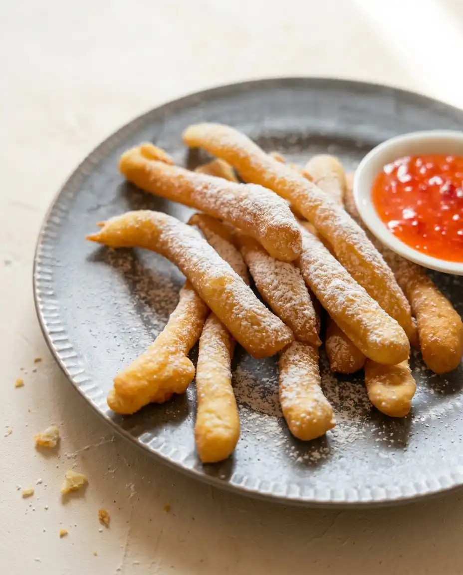 A pile of golden brown Classic Funnel Cake Fries dusted with powdered sugar.