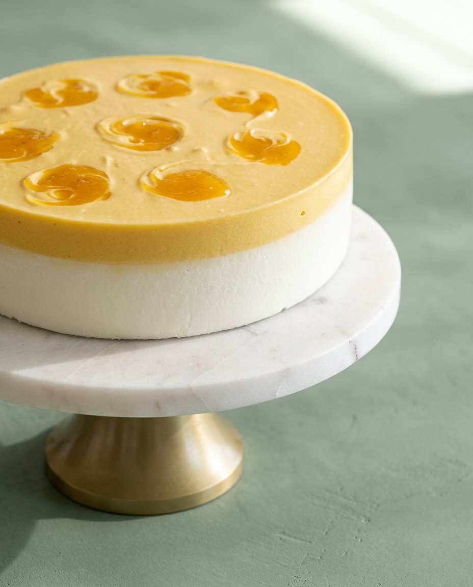 Classic Mango Mousse Cake 12 A beautiful slice of Classic Mango Mousse Cake showing distinct layers of sponge, mousse, and glossy gelée.