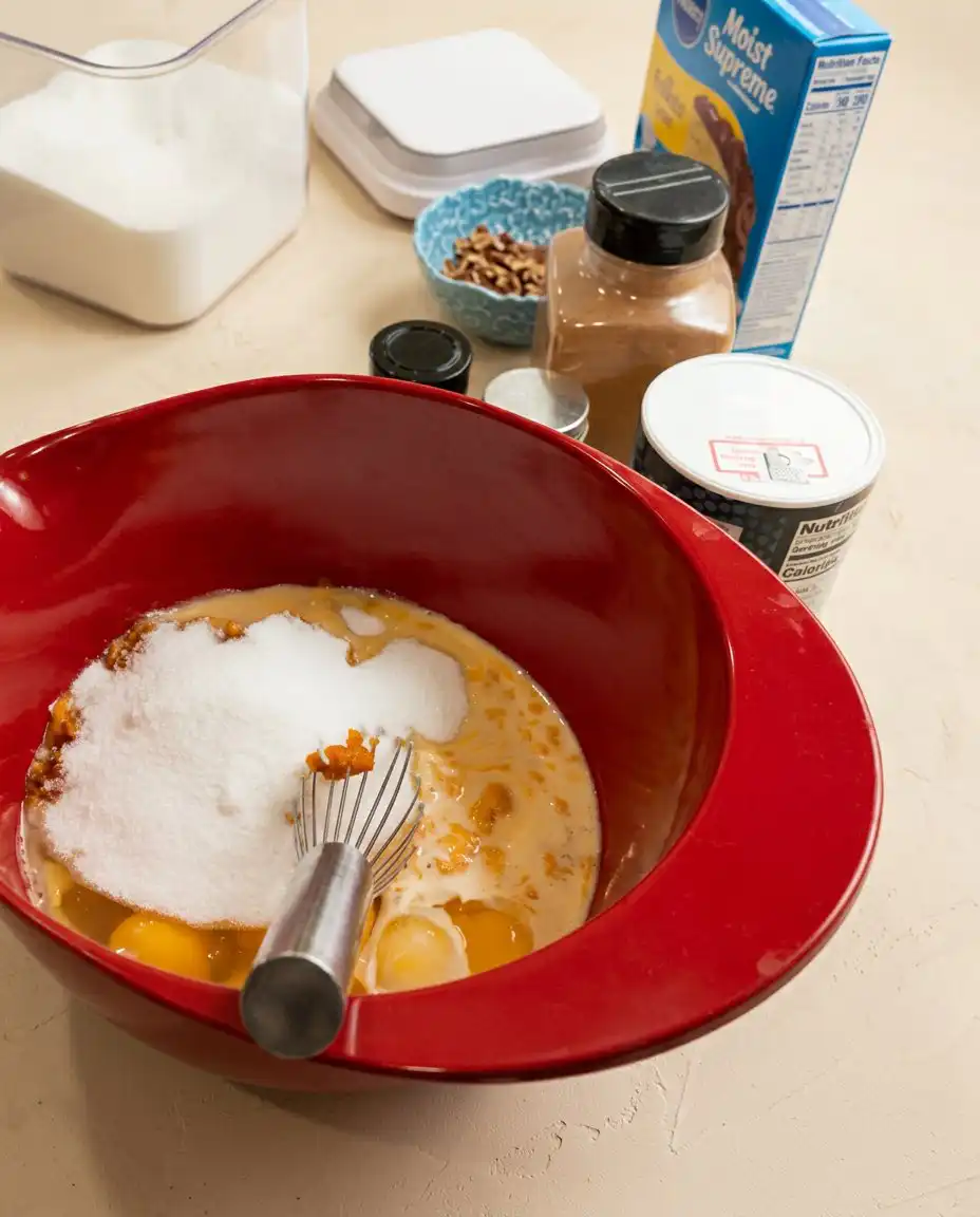 Ingredients for Classic Pumpkin Crunch Cake arranged on a kitchen counter