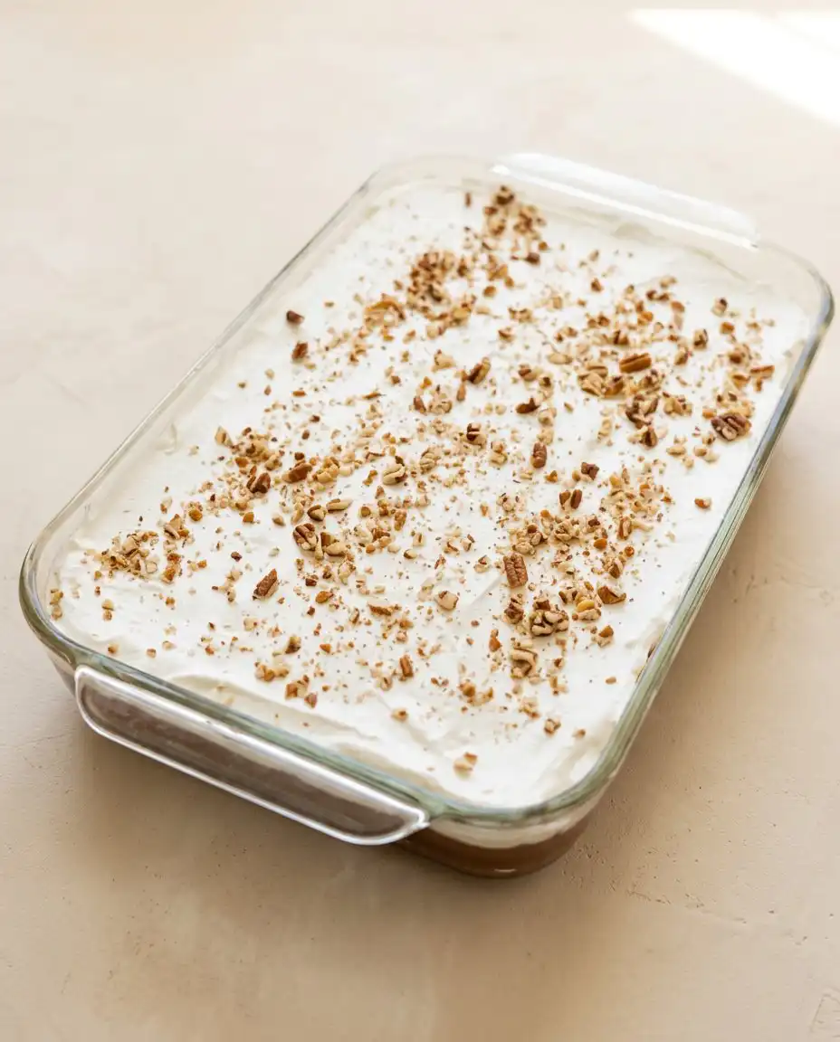 A slice of Classic Pumpkin Crunch Cake served next to a cup of black coffee