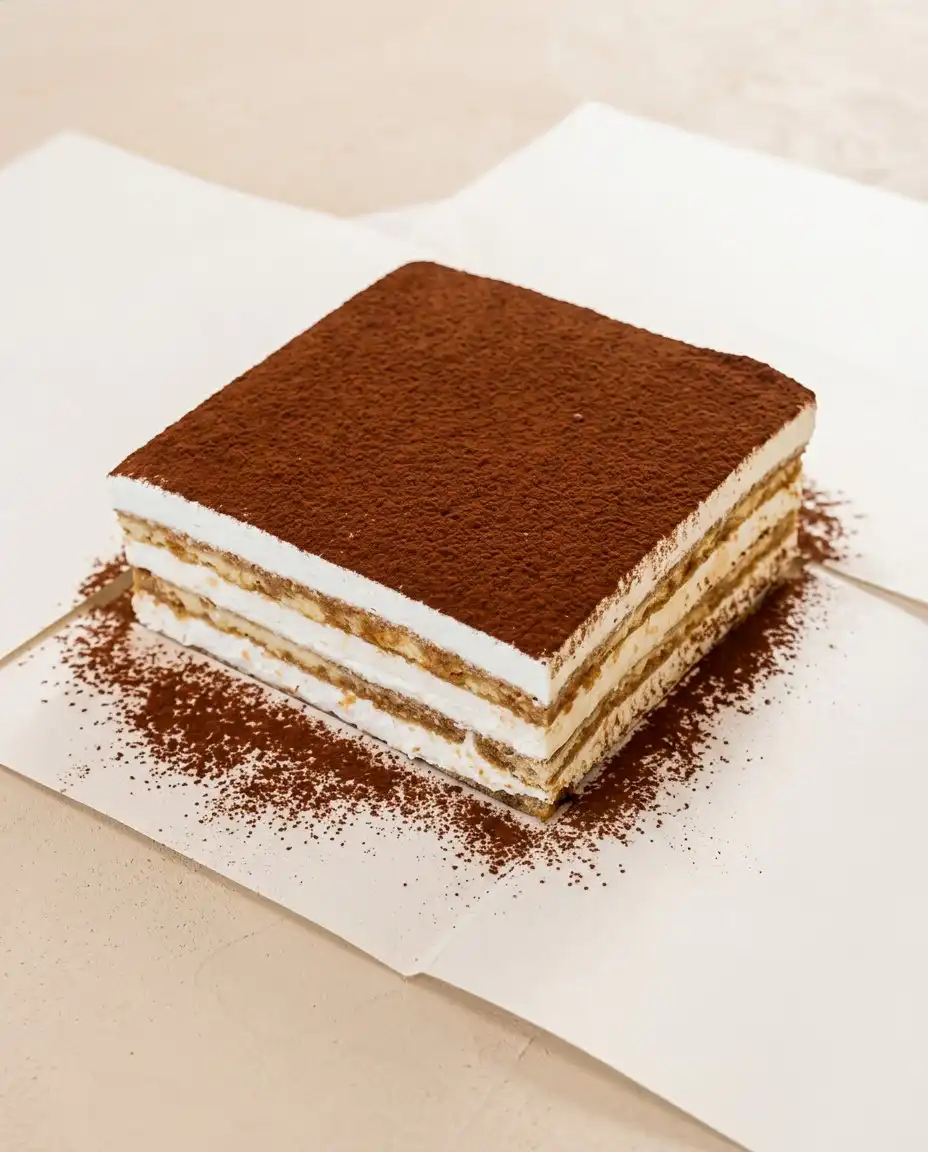 Classic Tiramisu Layer Cake 12 Slices of Classic Tiramisu Layer Cake dusted with cocoa powder on a vintage cake stand.
