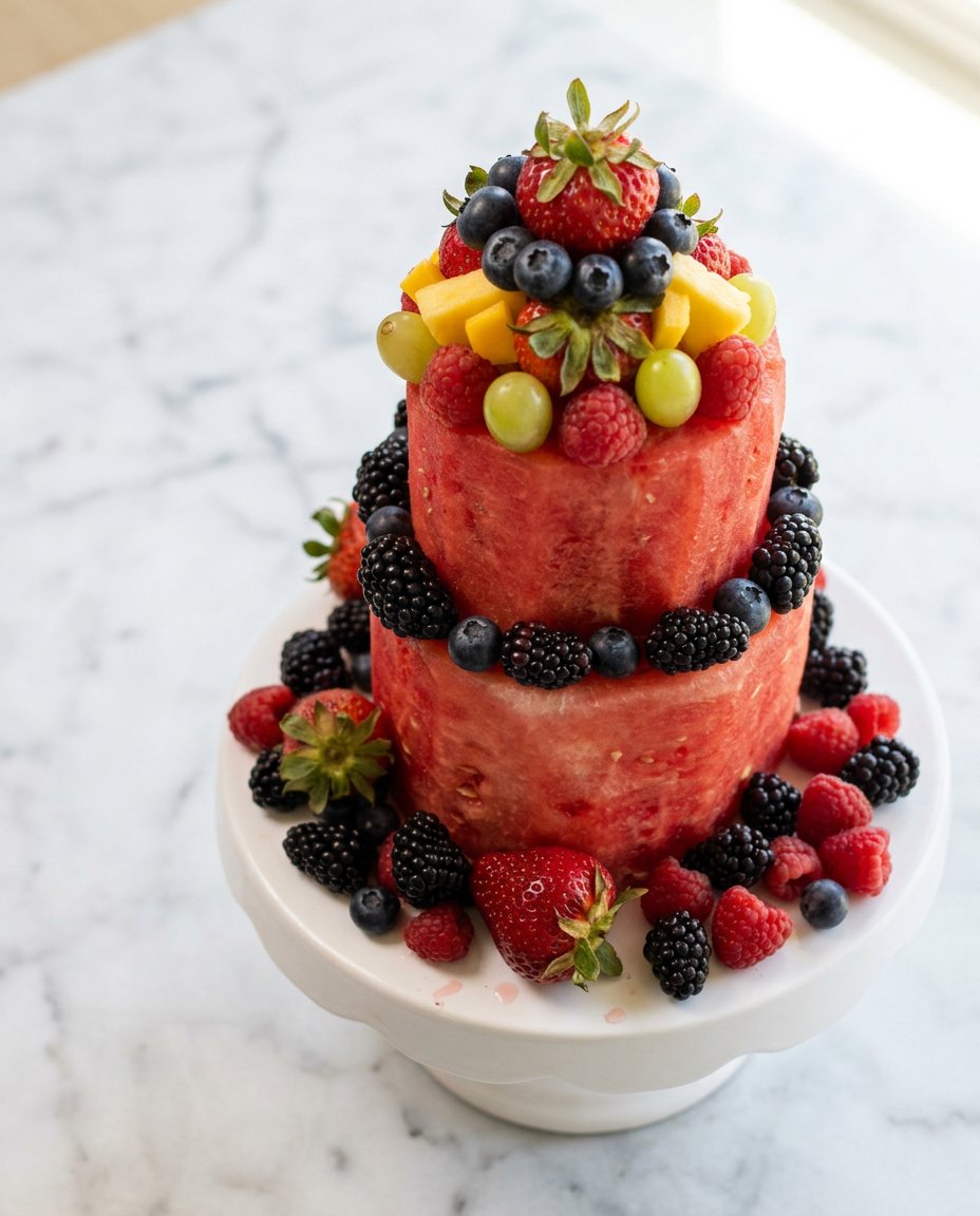 Classic Watermelon Fruit Cake 12 A two tiered Classic Watermelon Fruit Cake decorated with fresh strawberries kiwis and blueberries