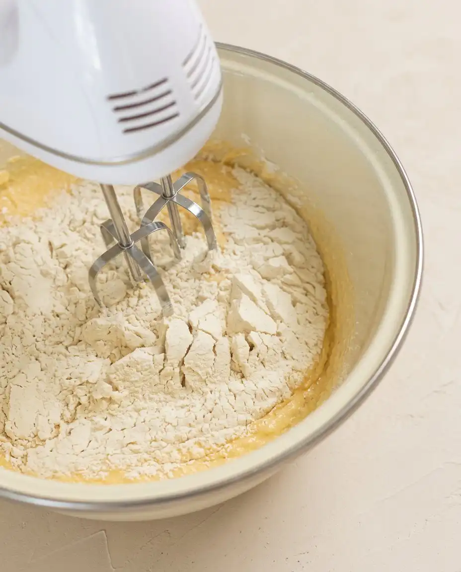 Cream Cheese Pound Cake 15 Creaming butter and cream cheese in a silver stand mixer bowl.