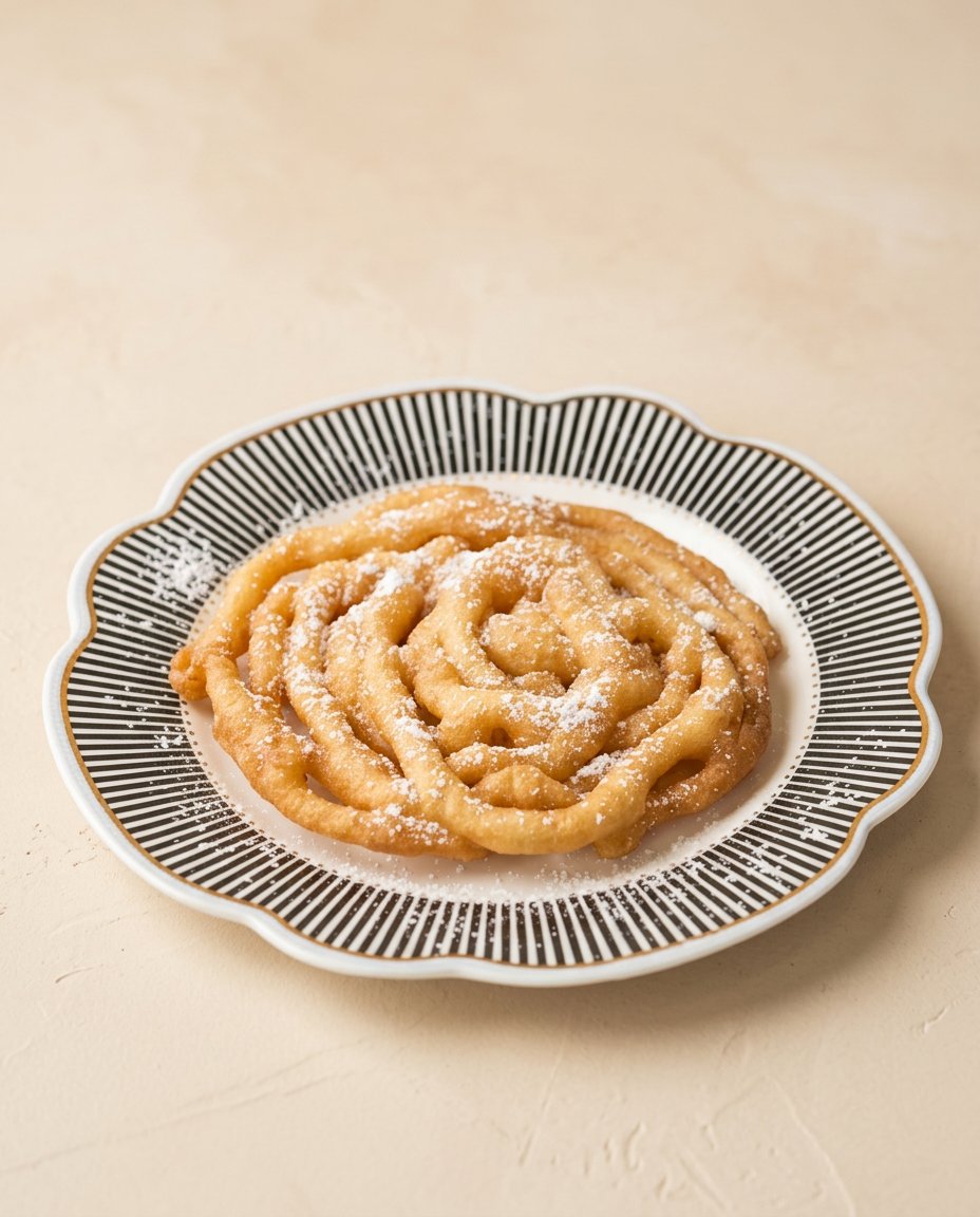 Pancake Mix Funnel Cake 16 A golden brown pancake mix funnel cake dusted with confectioners sugar on a plate