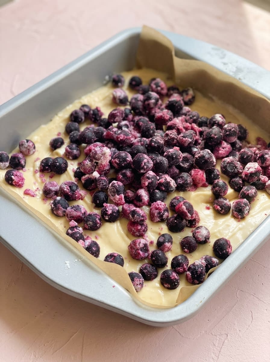 Slicing a classic blueberry coffee crumb cake using a sharp serrated bread knife.