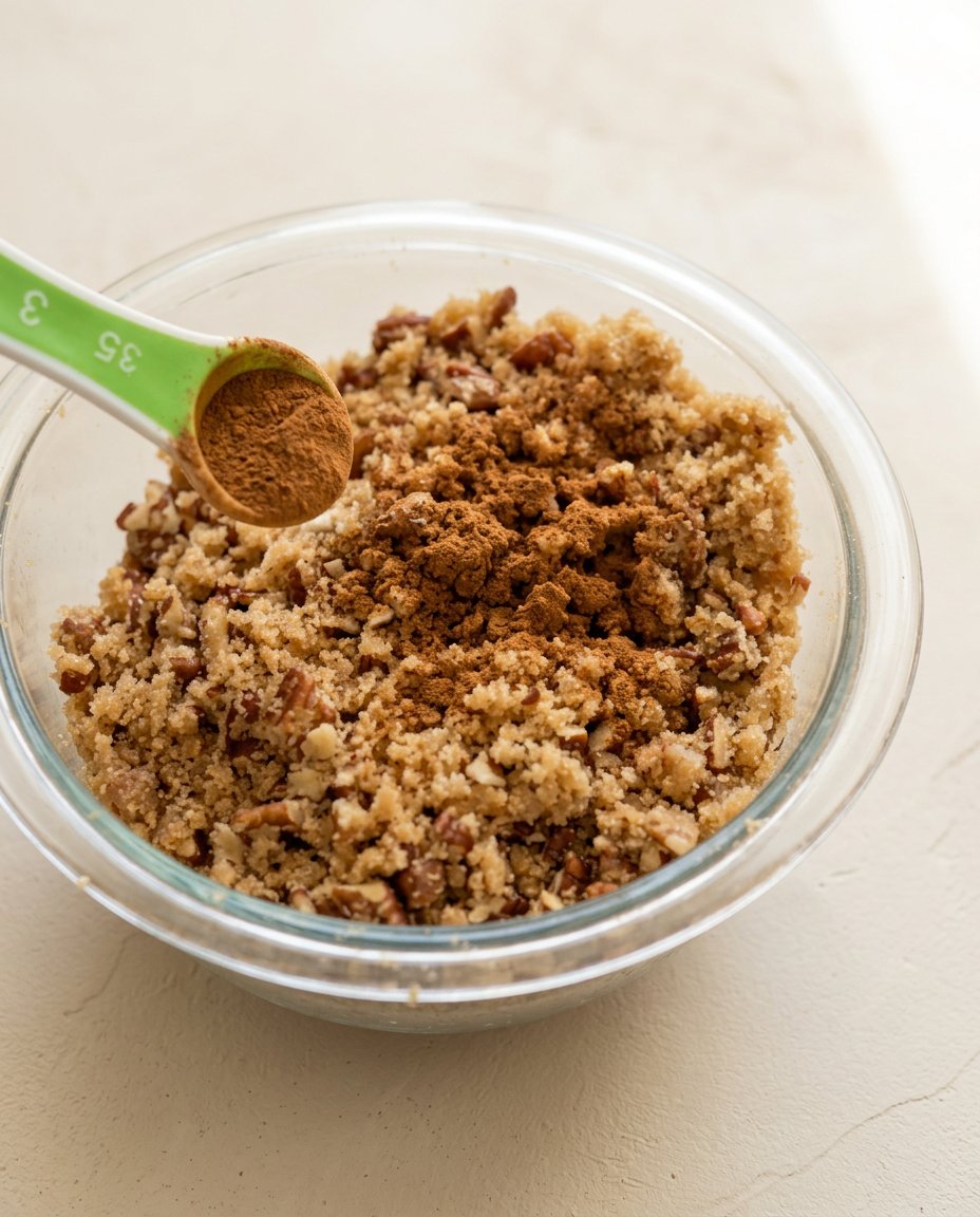 Pecan Streusel Coffee Cake 15 Slicing into a golden brown pecan streusel coffee cake on a rustic kitchen counter.