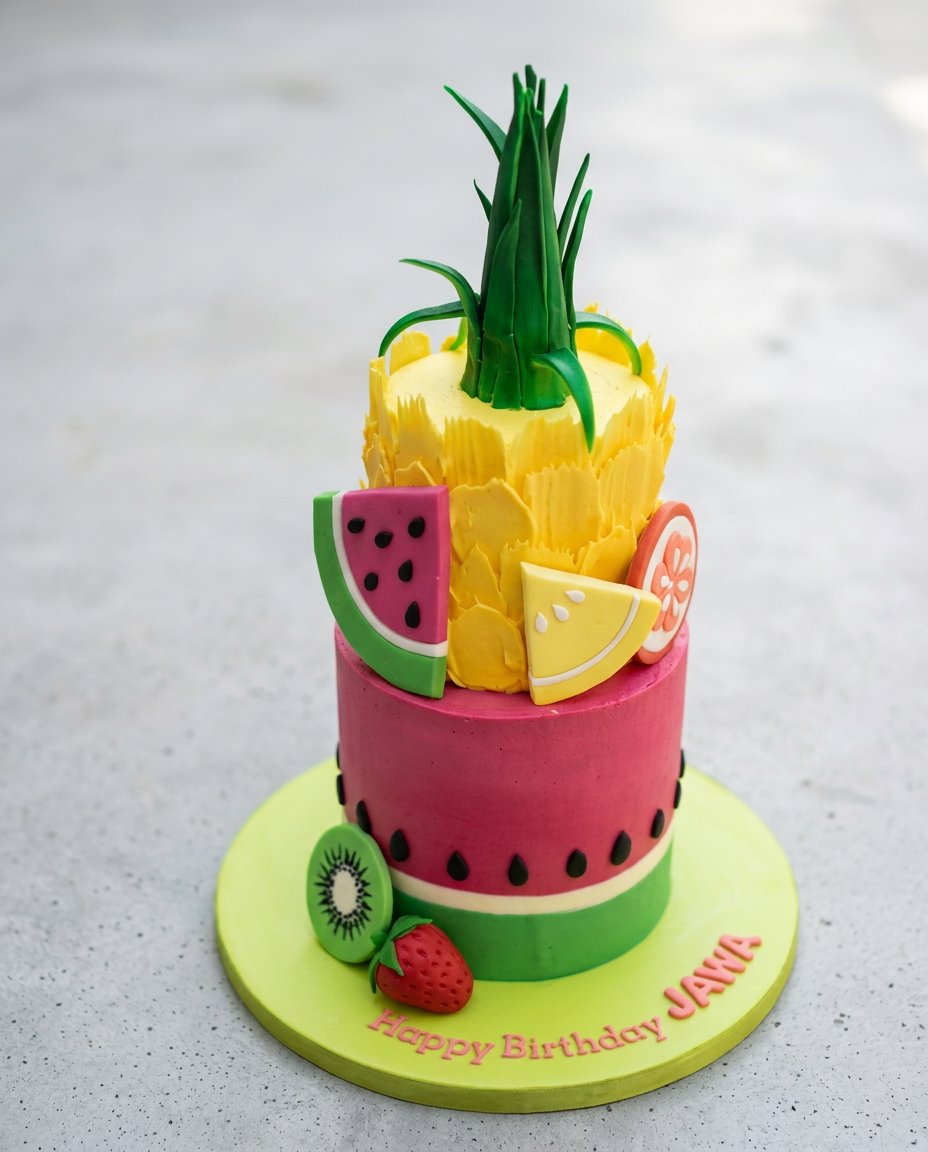 Watermelon and Pineapple Tropical Fruit Cake 16 Pressing thin kiwi slices and fresh blueberries onto a Watermelon and Pineapple Tropical Fruit Cake