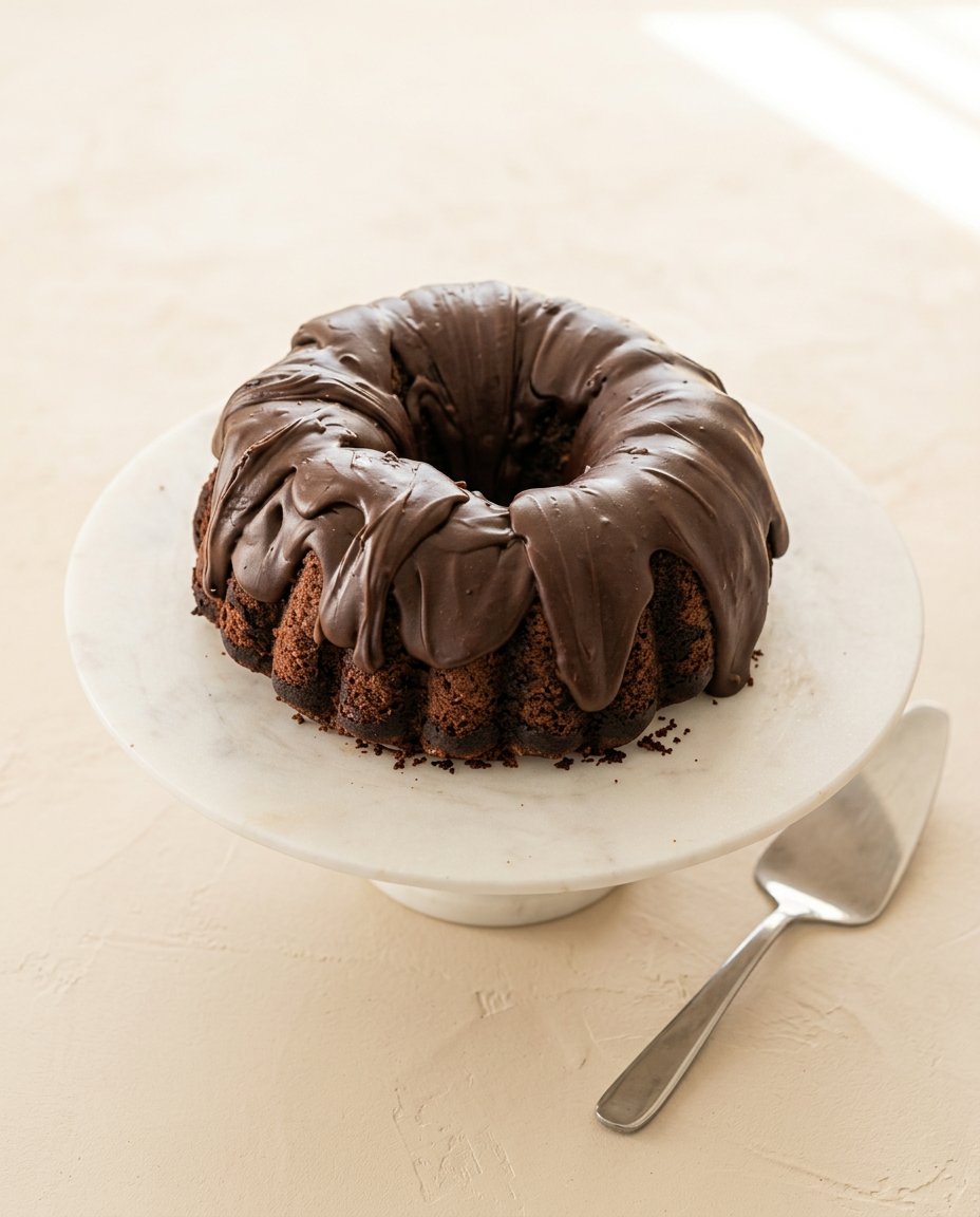 Double Chocolate Zucchini Cake 12 A gorgeous whole Double Chocolate Zucchini Cake resting on a rustic wooden table.