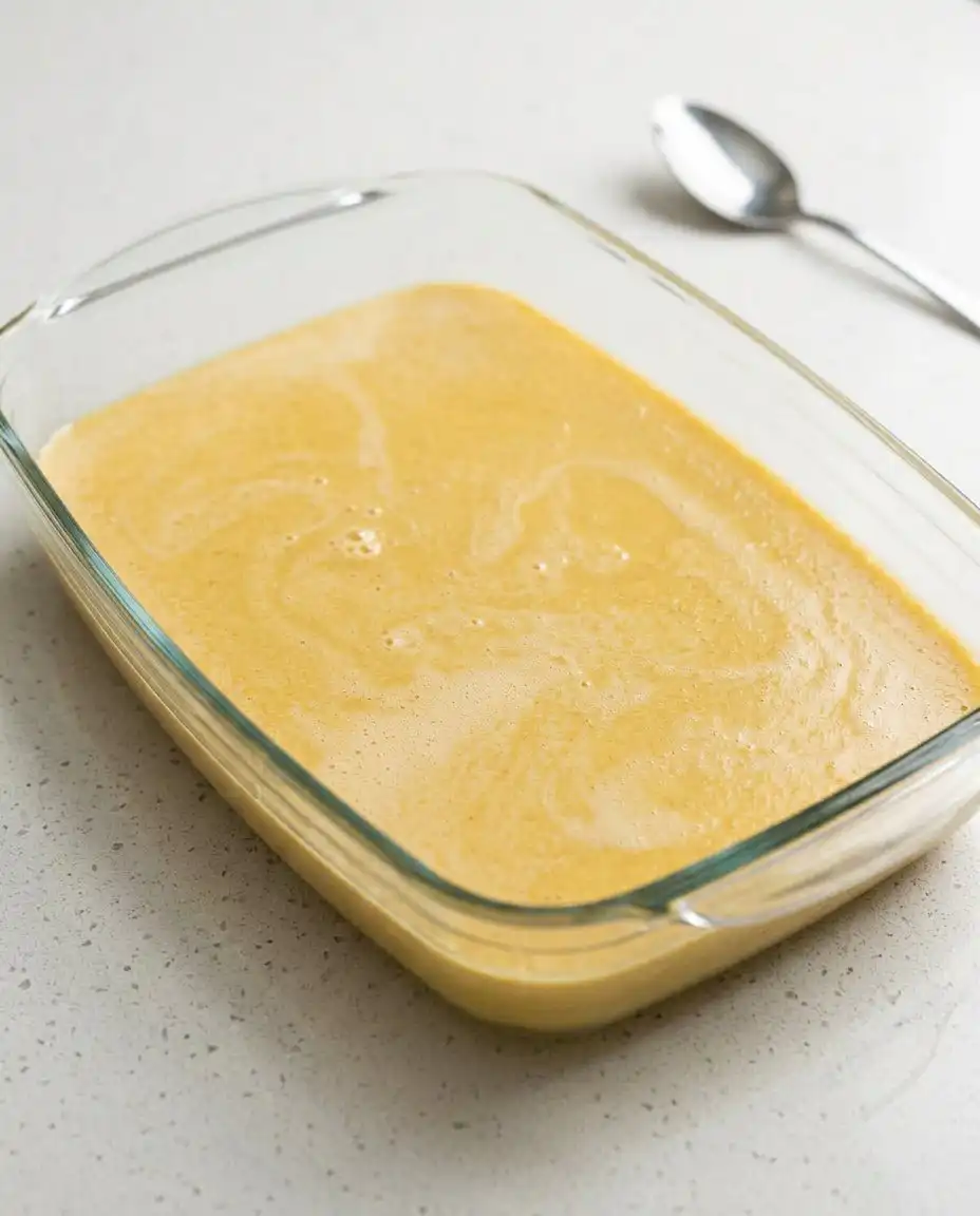 Classic Pumpkin Dump Cake 15 Melted butter being drizzled slowly over dry spice cake mix for a Classic Pumpkin Dump Cake.