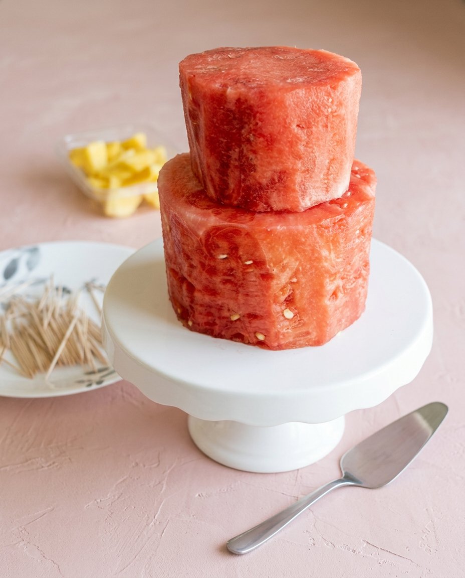 Classic Watermelon Fruit Cake 15 Patting down carved melon layers to dry the surface for Classic Watermelon Fruit Cake assembly