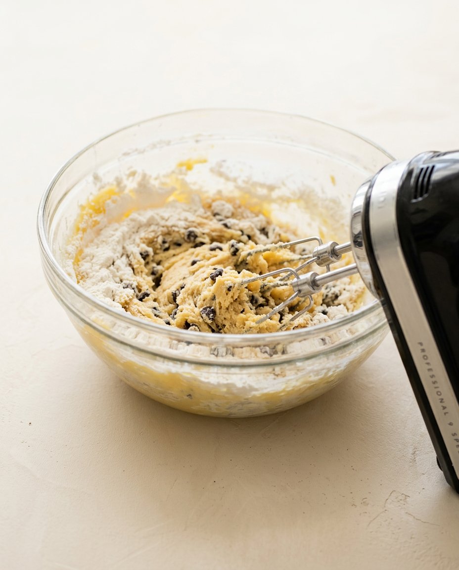 Staple ingredients for making a brown butter chocolate chip cookie cake on a wooden board.