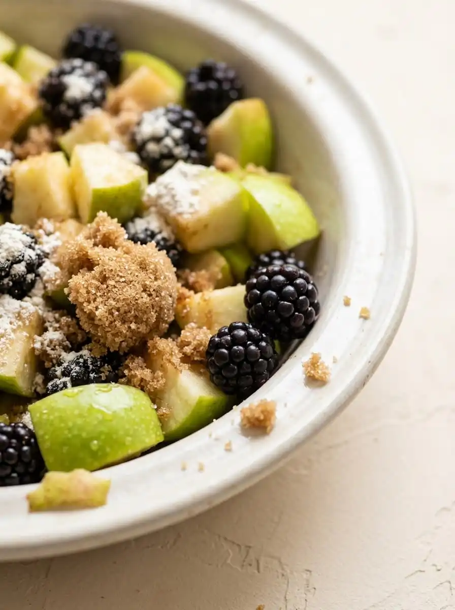 Freshly sliced orchard apples and plump wild blackberries on a wooden cutting board