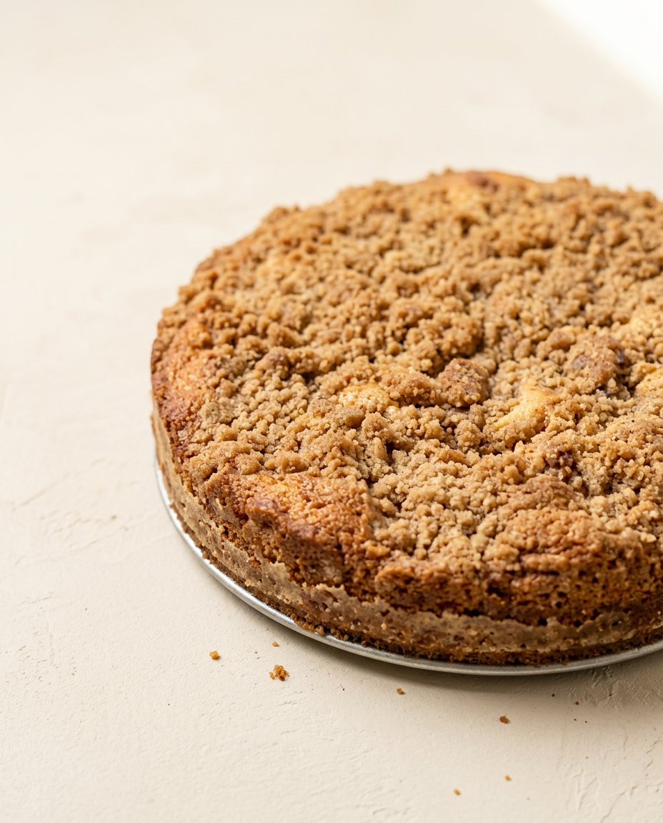 Peach Streusel Coffee Cake 12 A freshly baked peach streusel coffee cake with a thick golden brown crumb topping on a cooling rack.