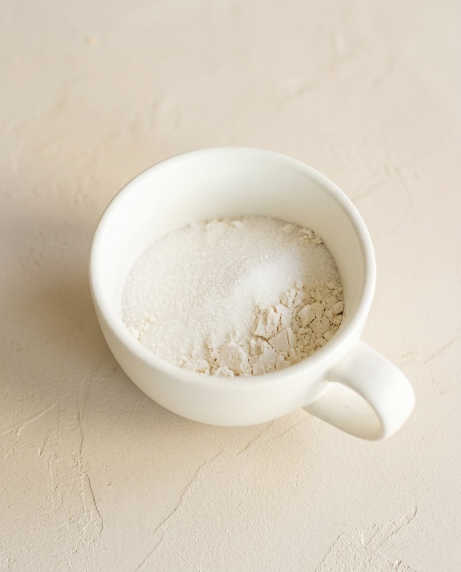 Pantry ingredients gathered on a wooden table to bake a fresh Lemon Mug Cake.