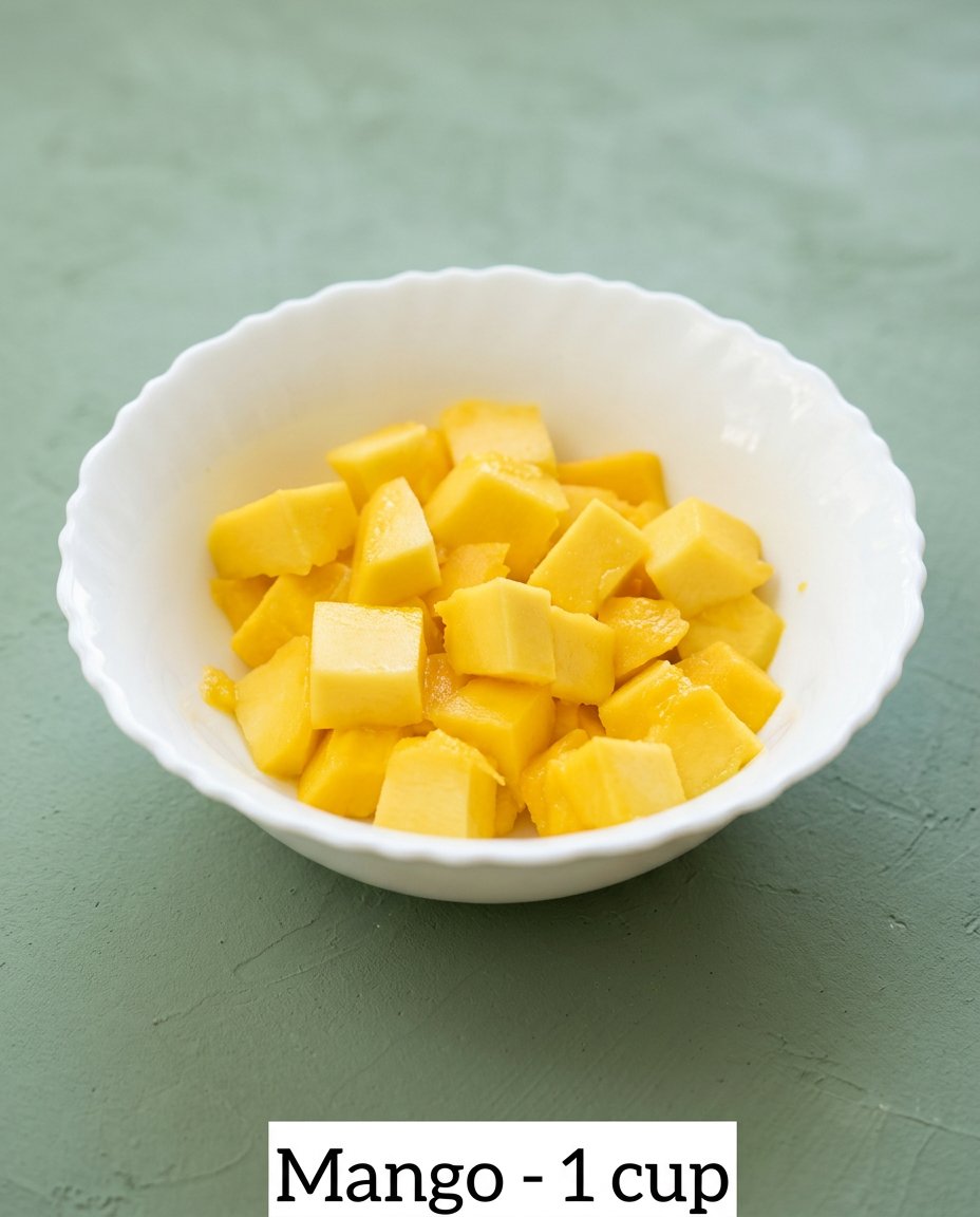 Mango Fresh Fruit Topped Cake 14 Fresh ingredients including sliced mangoes and farm eggs for Mango Fresh Fruit Topped Cake.