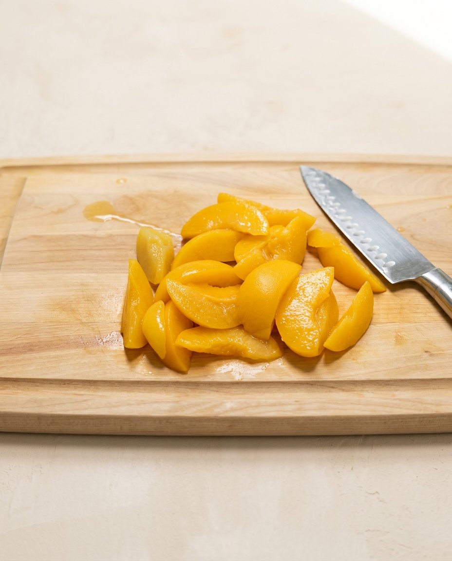 Fresh ripe peaches, real buttermilk, and spices gathered on a wooden table for peach cobbler sheet cake.