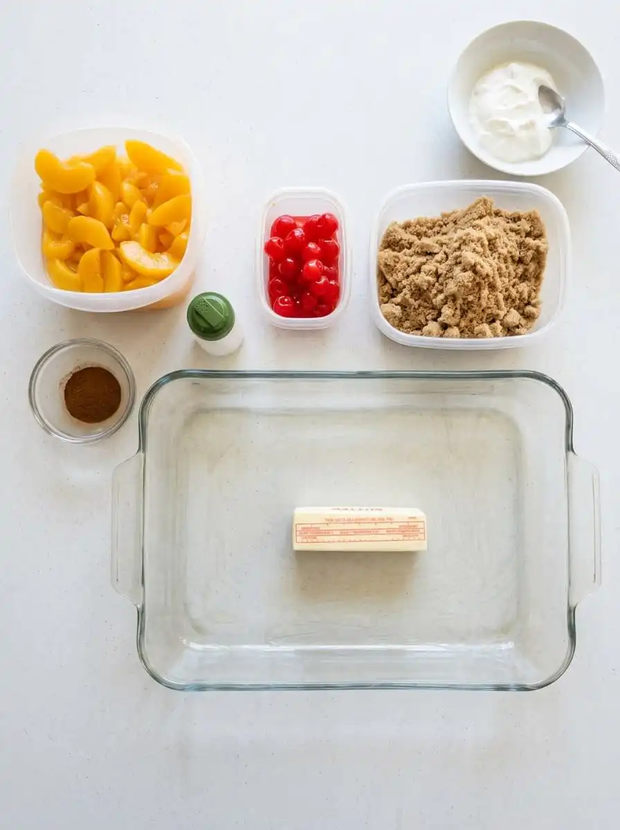 Peach Upside Down Cake with White Box Cake Mix 14 Ingredients including fresh peaches and box cake mix for baking a Peach Upside Down Cake with White Box Cake Mix.