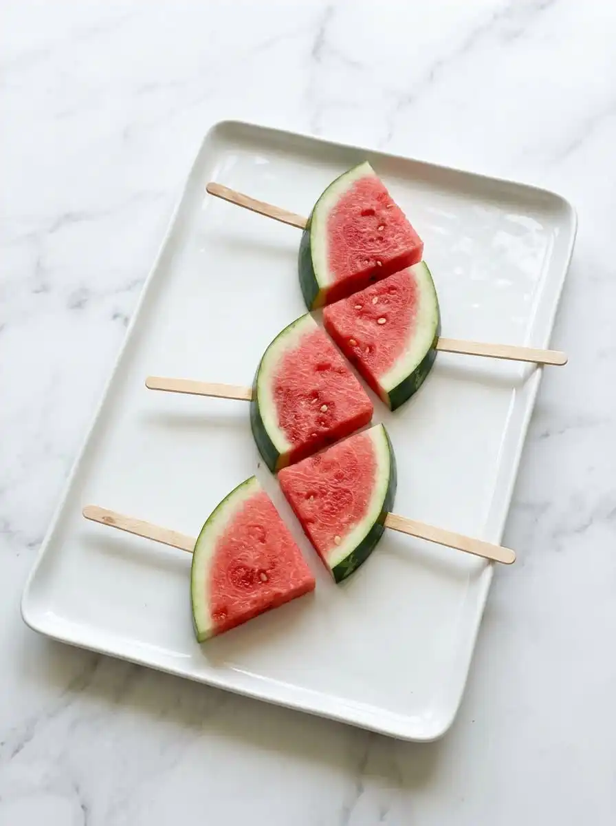 A tray of Frozen Watermelon Teething Pops after freezing flat on parchment paper.