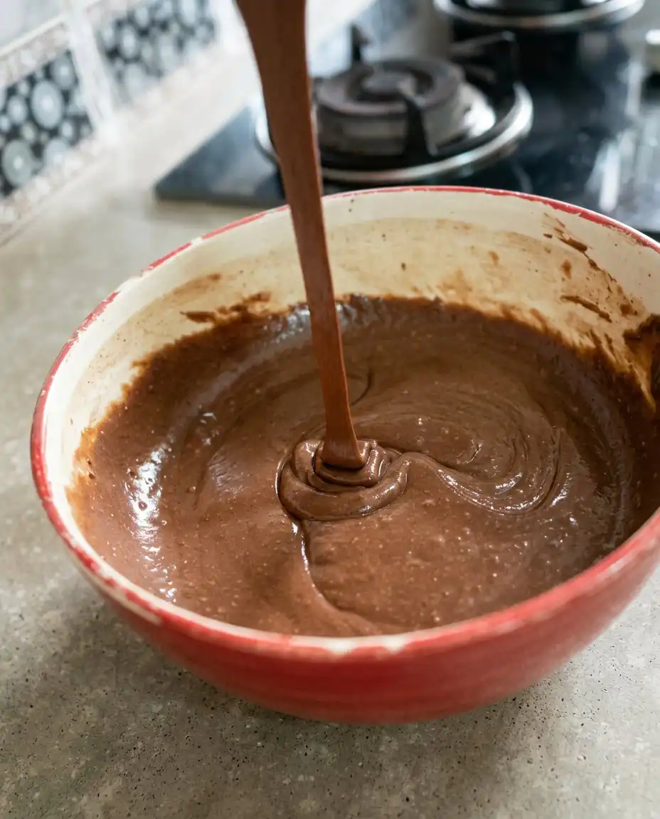A thick chocolate batter being swirled into a hot cast iron skillet to make a Chocolate Funnel Cake.