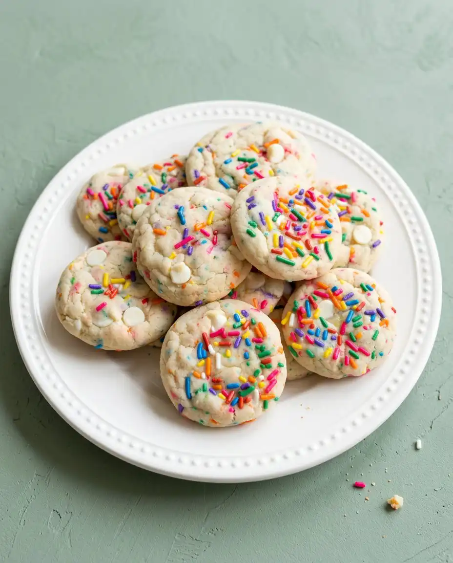 A plate of soft Funfetti Cake Mix Cookies stacked next to a tall glass of cold milk