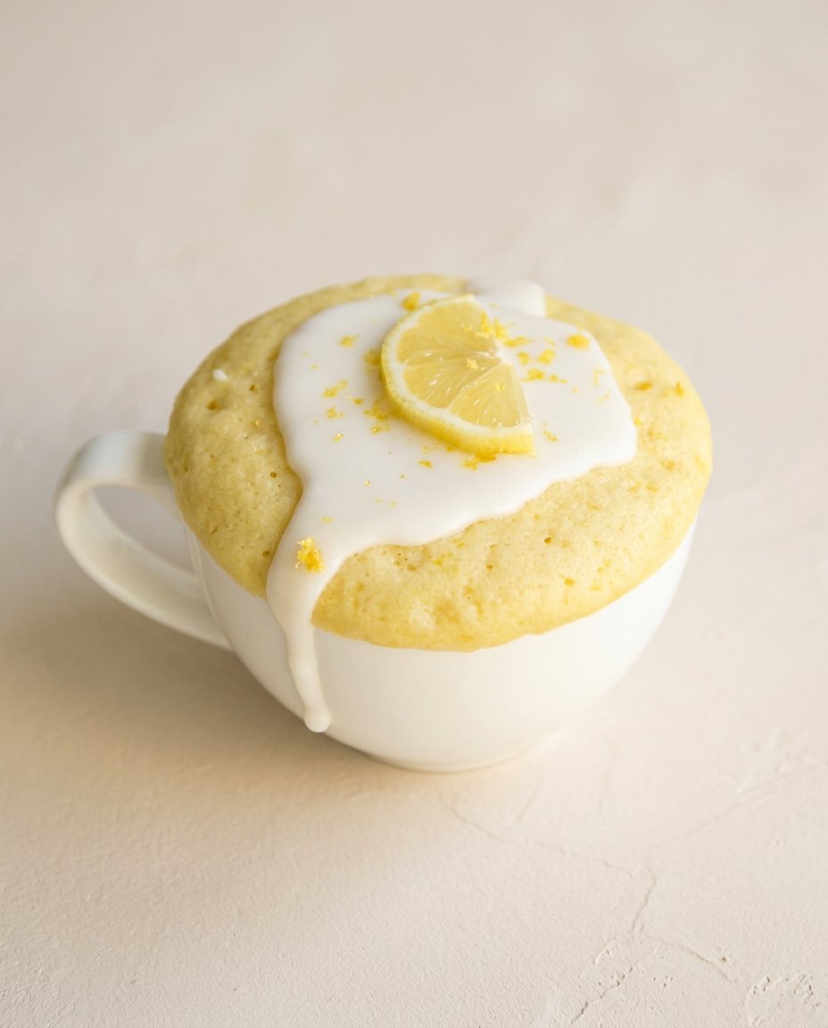 A Lemon Mug Cake plated beautifully with a sweet citrus glaze dripping down the side.