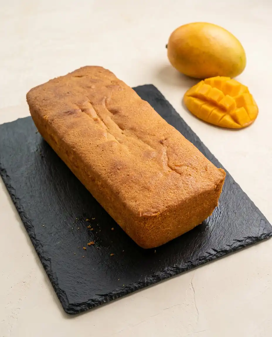 Mango Butter Cake 12 A golden brown Mango Butter Cake baked in a loaf pan sitting on a wire cooling rack