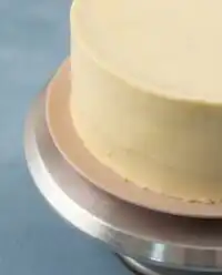 A beautiful slice of Mango Birthday Layer Cake showing thick golden fruit curd between vanilla layers