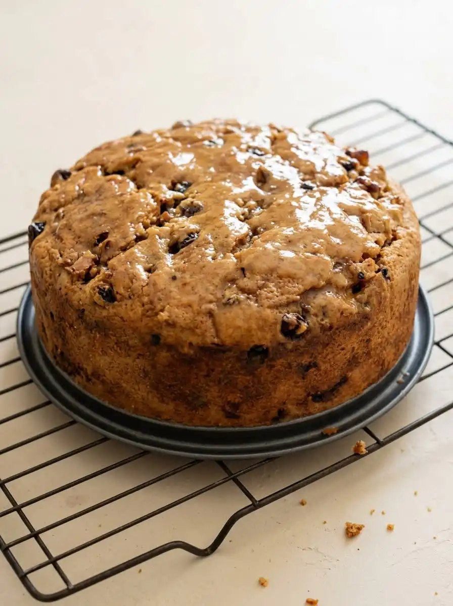 Harvest Apple Cake 12 A golden brown Harvest Apple Cake cooling on a wooden table in a farmhouse kitchen