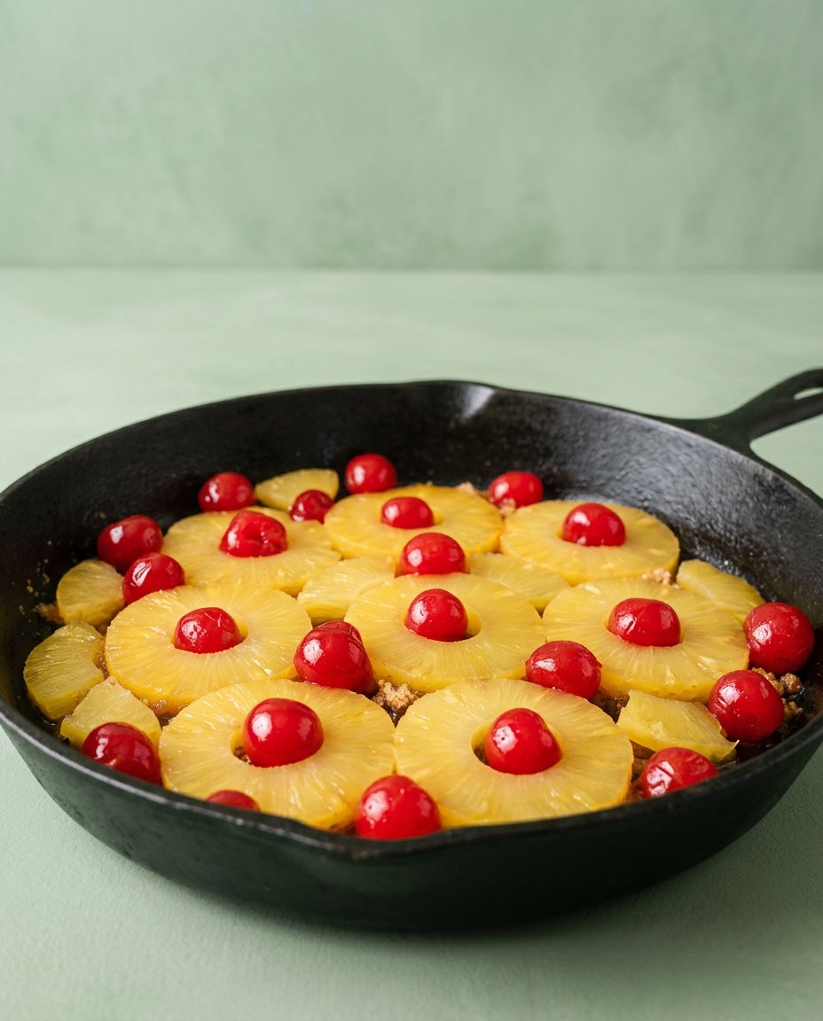Farm fresh eggs canned pineapple rings and sour cream in vintage bowls.