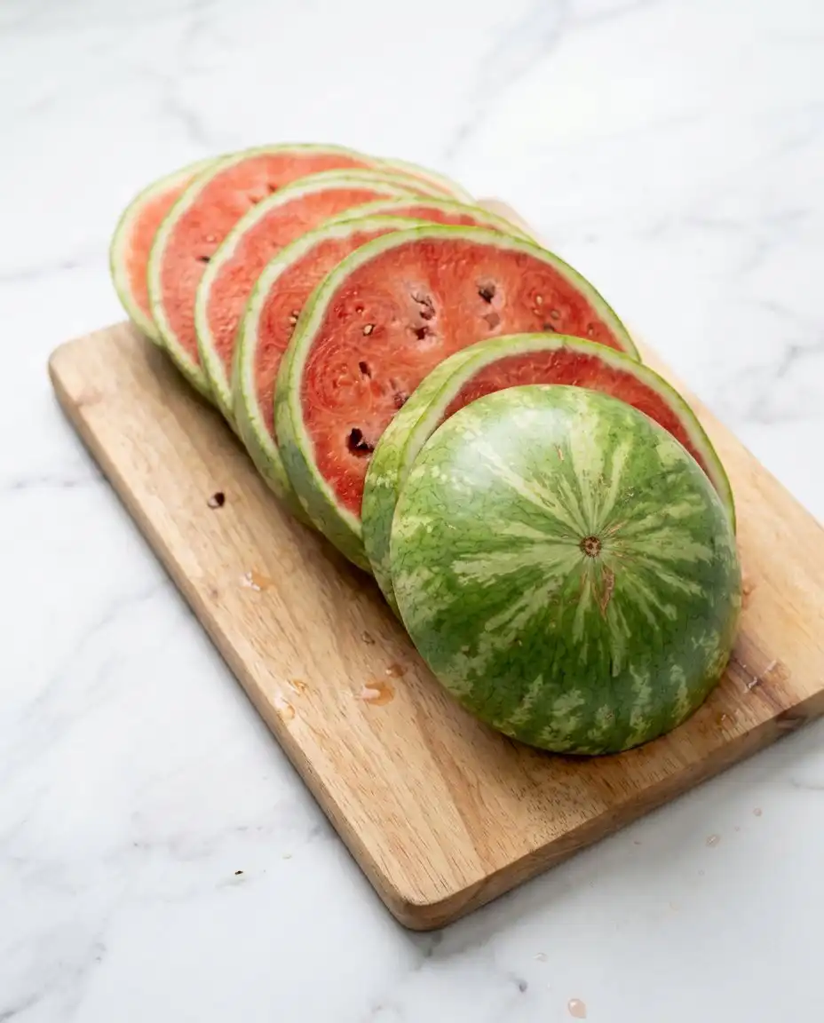 Fresh ingredients for making a watermelon pizza cake including a whole watermelon and berries.
