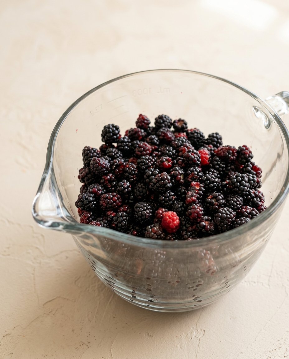 Pantry ingredients including fresh blackberries, sliced peaches, cake mix, and butter for making dump cake