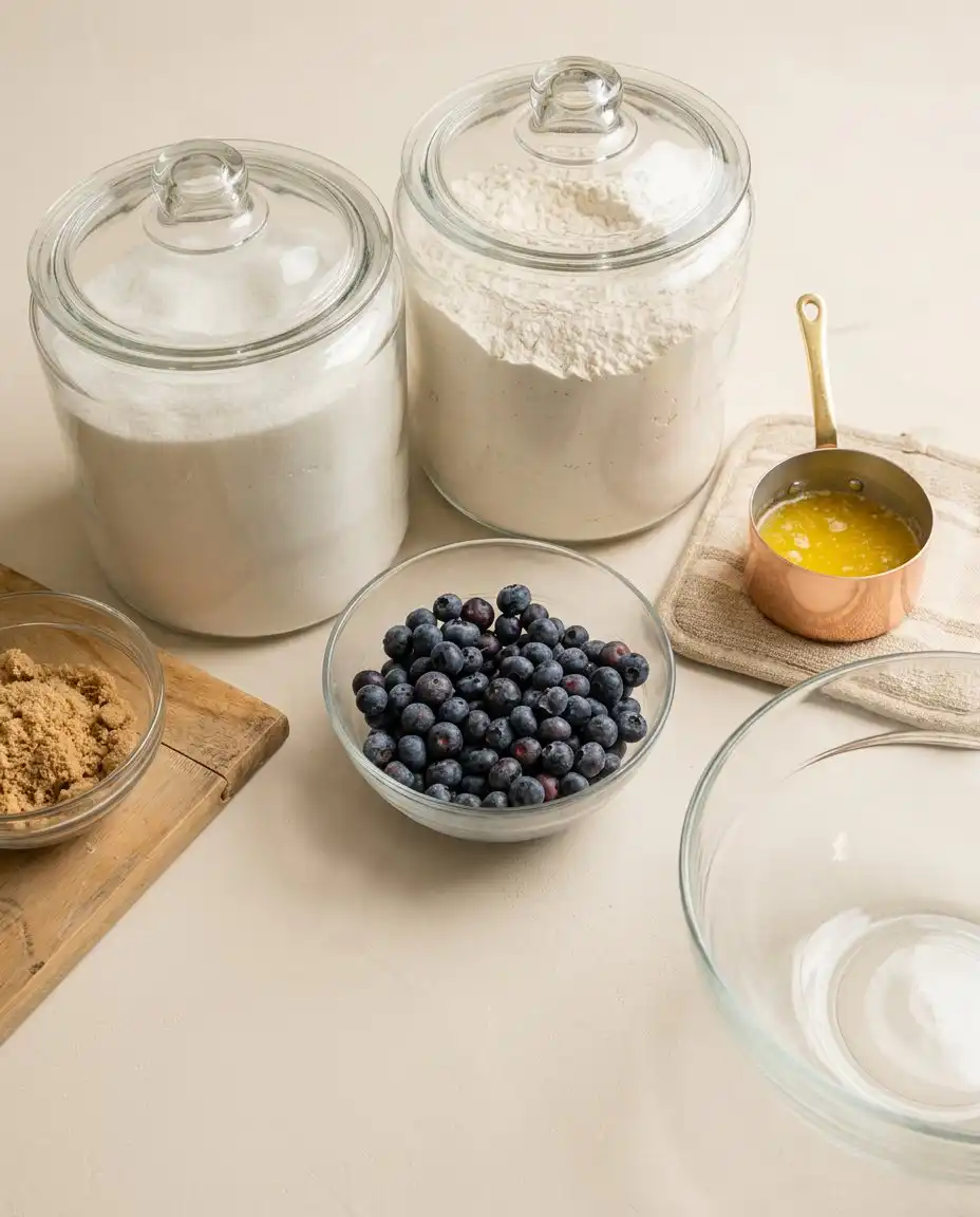 Plump fresh berries, flour, butter, and lemon zest prepared for Classic Blueberry Coffee Cake.