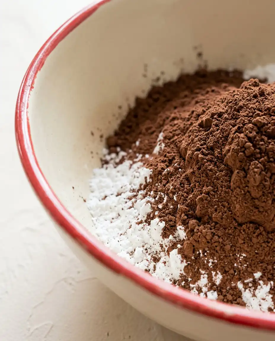 A flat lay of fresh ingredients for Chocolate Funnel Cake including flour, cocoa, and an egg.