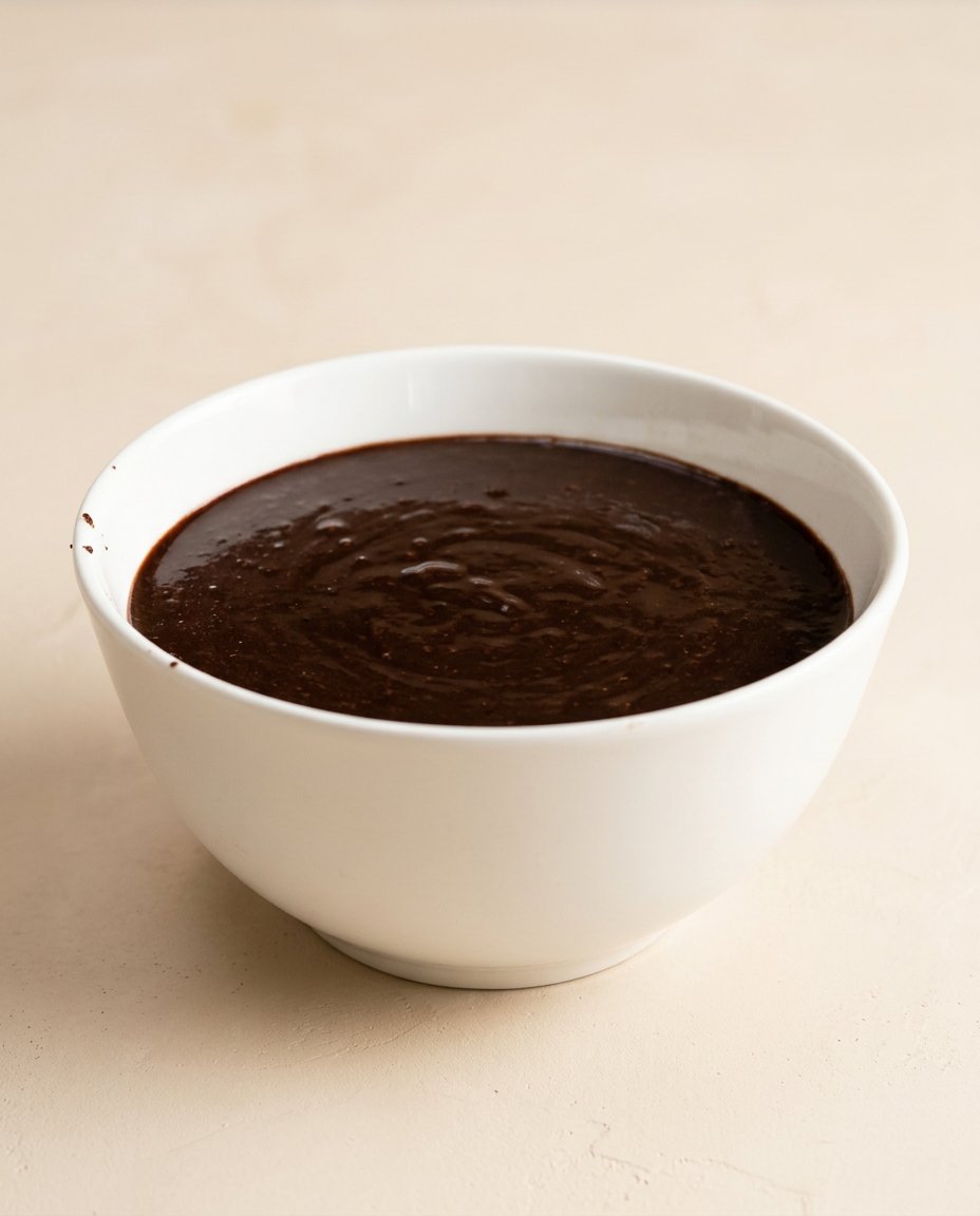 An enamel mixing bowl surrounded by ingredients for a chocolate mirror glaze cake including cocoa powder.