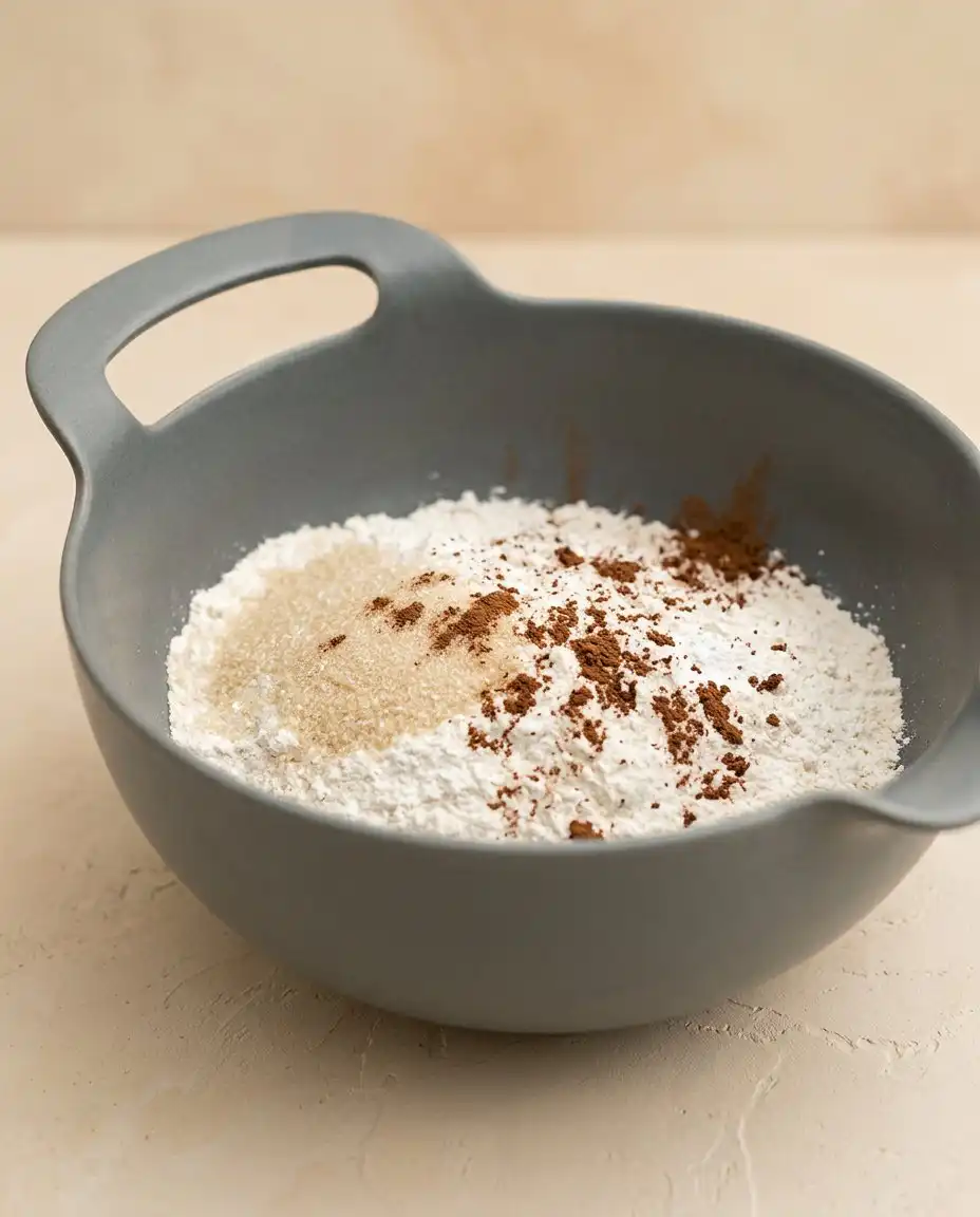 Ingredients for cinnamon sugar funnel cake bites including flour, milk, egg, and cinnamon on a wooden board.