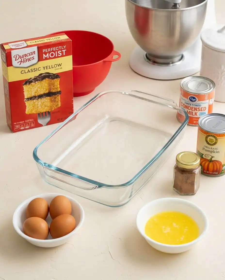 Classic Pumpkin Dump Cake 14 Canned pumpkin, spice cake mix, evaporated milk, and pecans gathered on a rustic countertop.