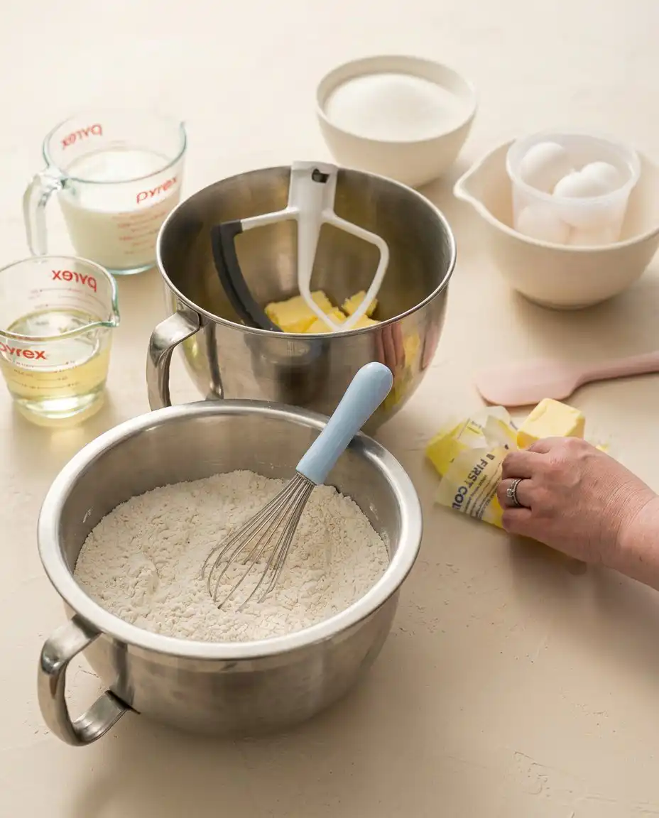 Pantry ingredients including vanilla bean paste and egg whites for making Classic Vanilla Layer Cake.