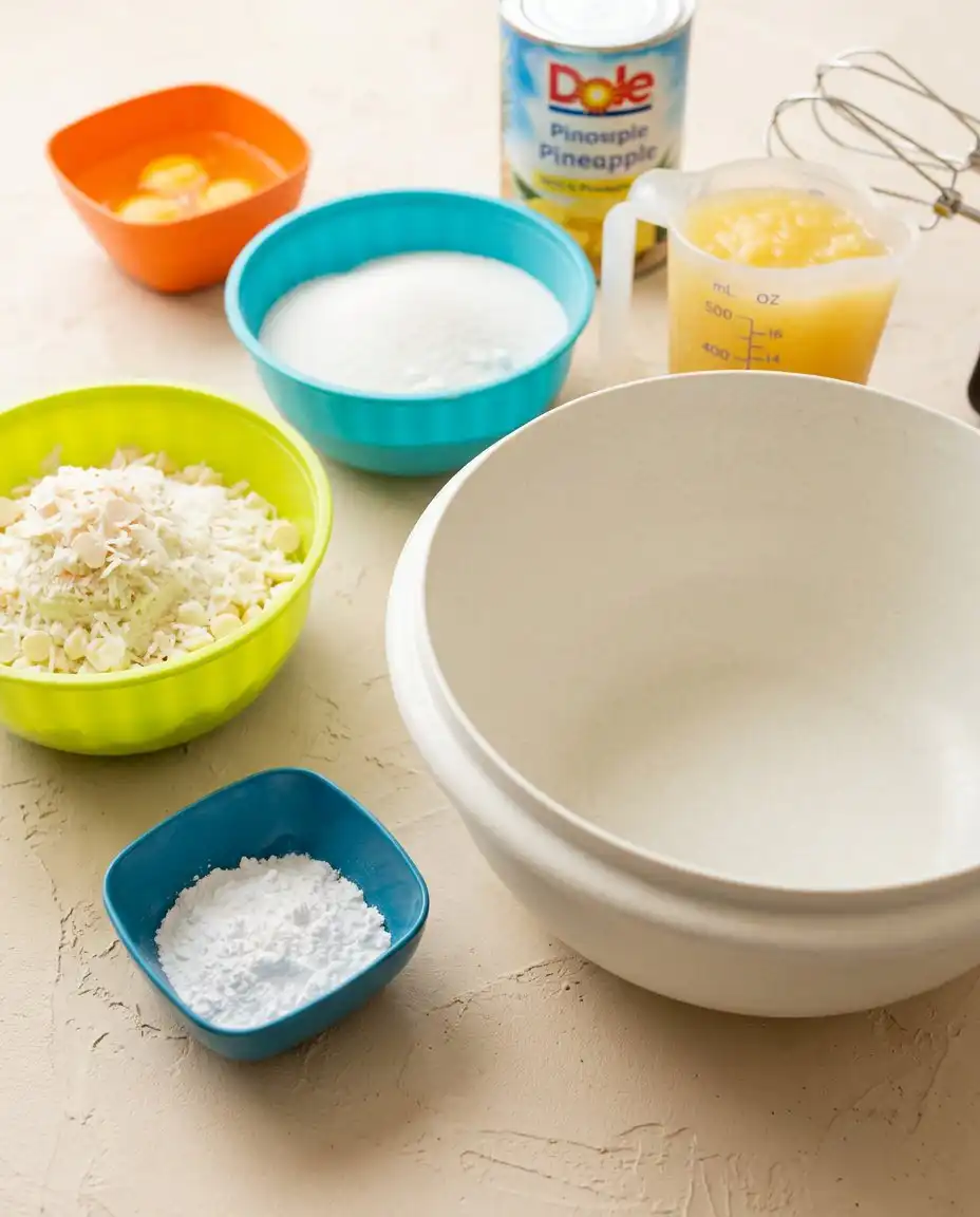 Ingredients for Pineapple Sheet Cake with Cream Cheese Frosting on a kitchen counter