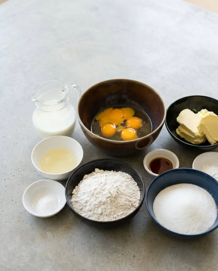 Measuring cups of cake flour, room temperature butter, eggs, and buttermilk for a Two-Layer Buttermilk Cake