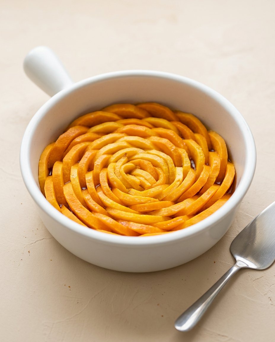 Mango Upside Down Cake 15 Inverting a warm square Mango Upside Down Cake onto a white porcelain serving platter cleanly.