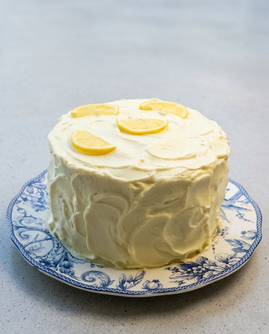 Lemon Blueberry Layer Cake with Cream Cheese Frosting 12 A three layer lemon blueberry layer cake with cream cheese frosting garnished with fresh berries.