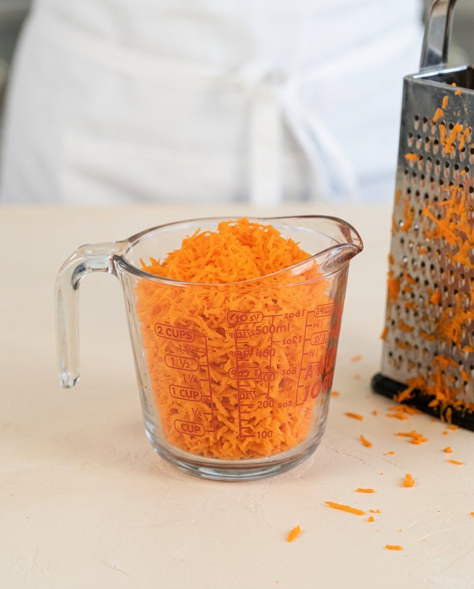 Glass bowls filled with flour, sugar, grated carrots, and spices for Carrot Cake Cupcakes with Cream Cheese Frosting.