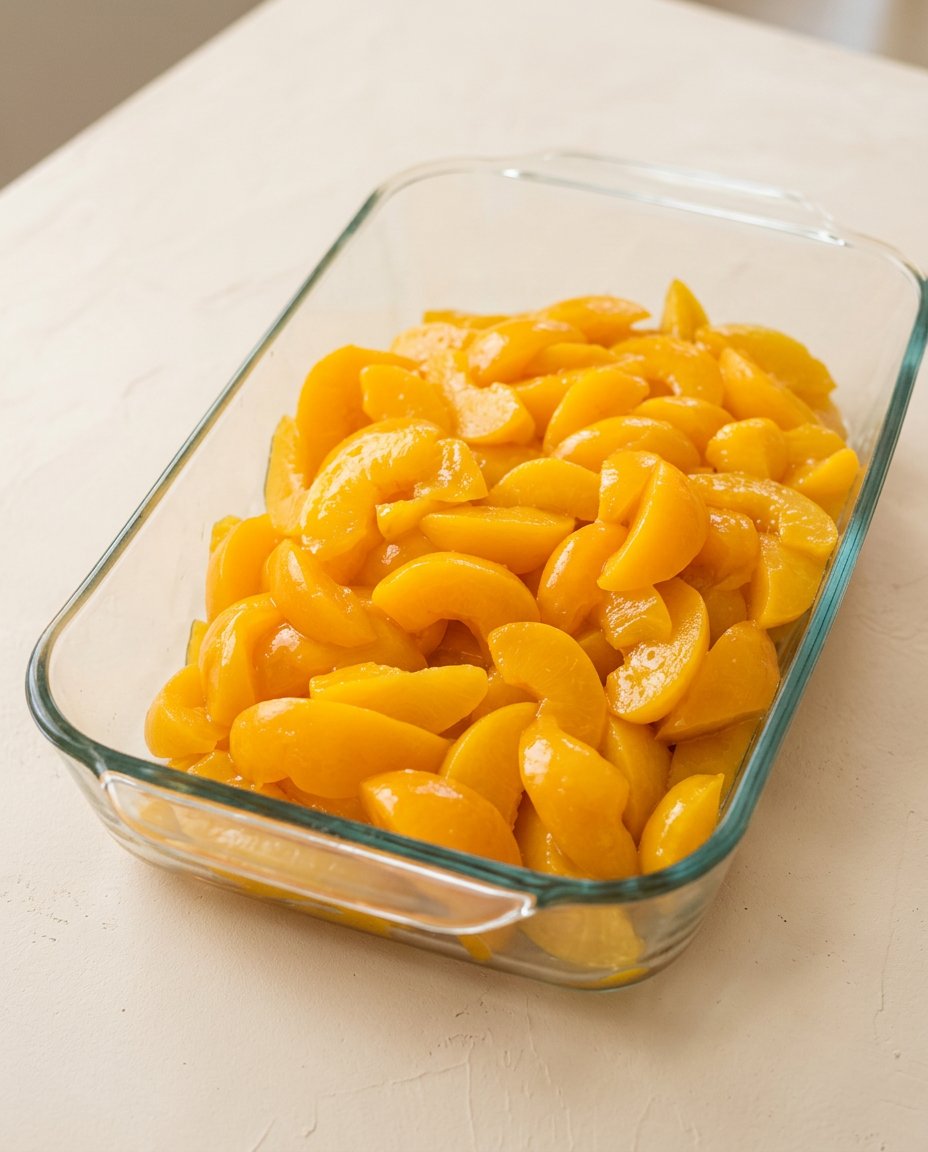 Measured baking ingredients for a Cinnamon Canned Peach Dump Cake on a clean marble countertop.